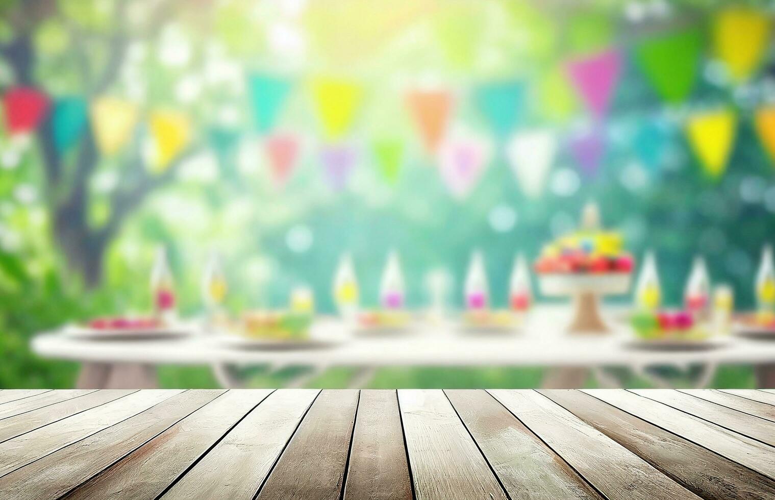 Empty wooden table with party on blurred garden background photo