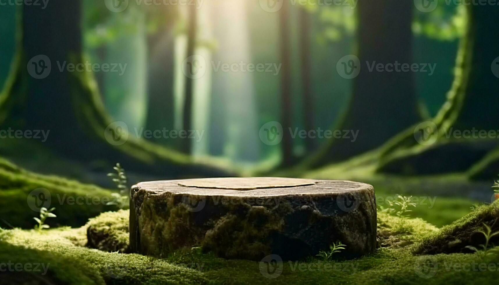 Magic forest flat stone podium, empty round stand background photo