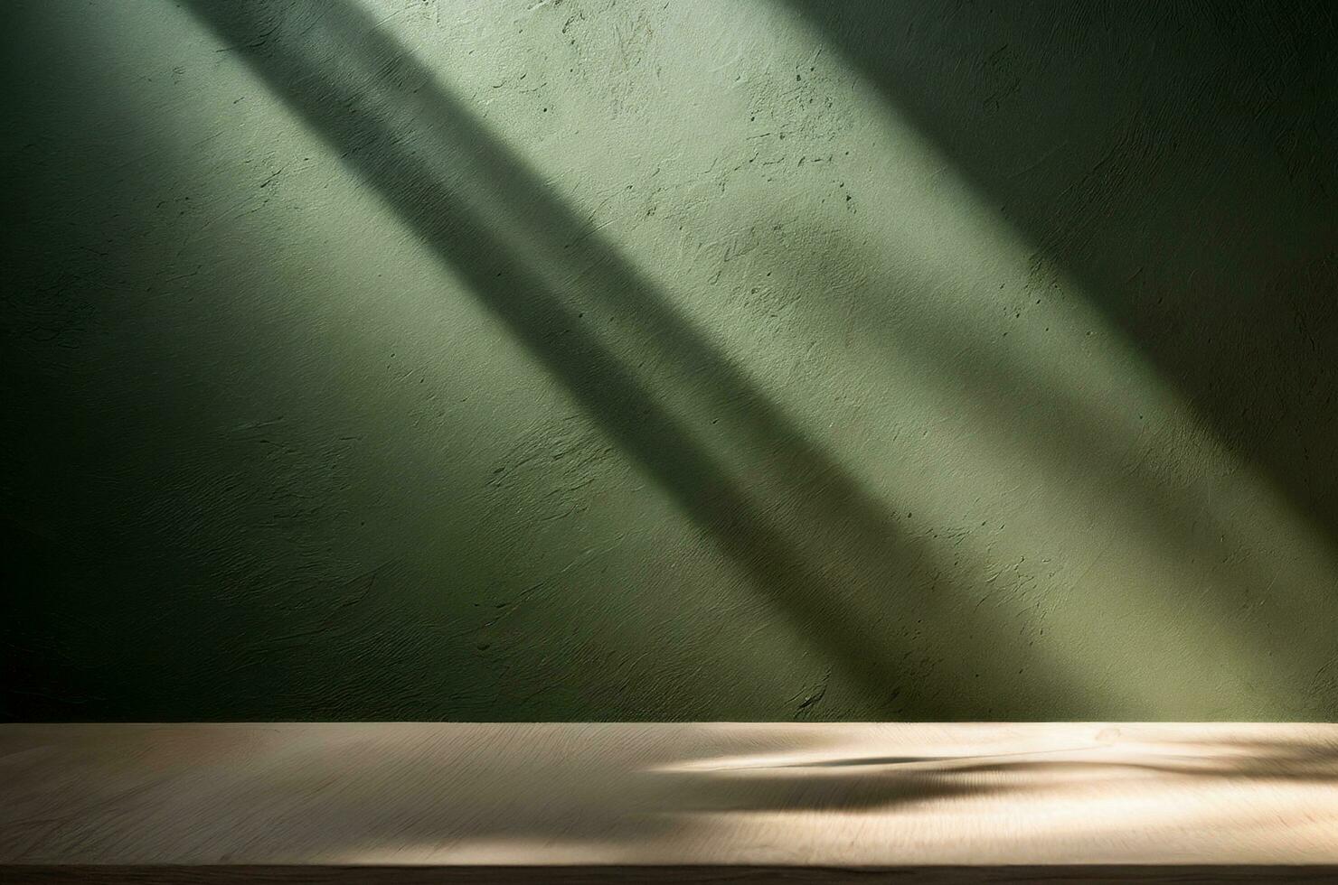 Table empty against background of dark green plaster wall. composition featuring light reflections photo