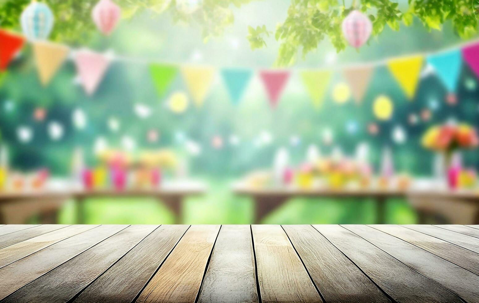 Empty wooden table with party on blurred garden background photo