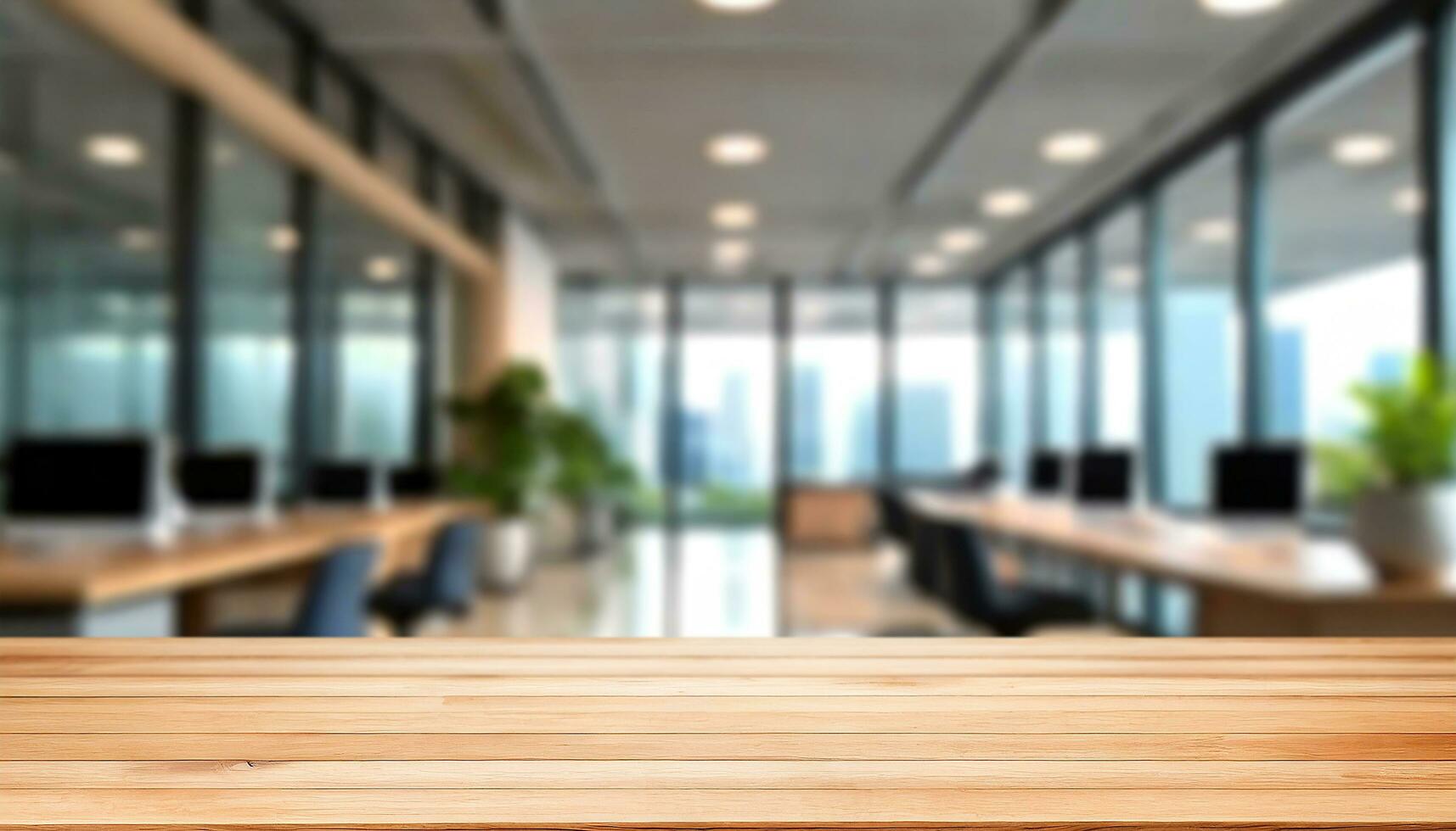 You can use the blurred focus of a white, open-space office interior as a background with wooden table photo