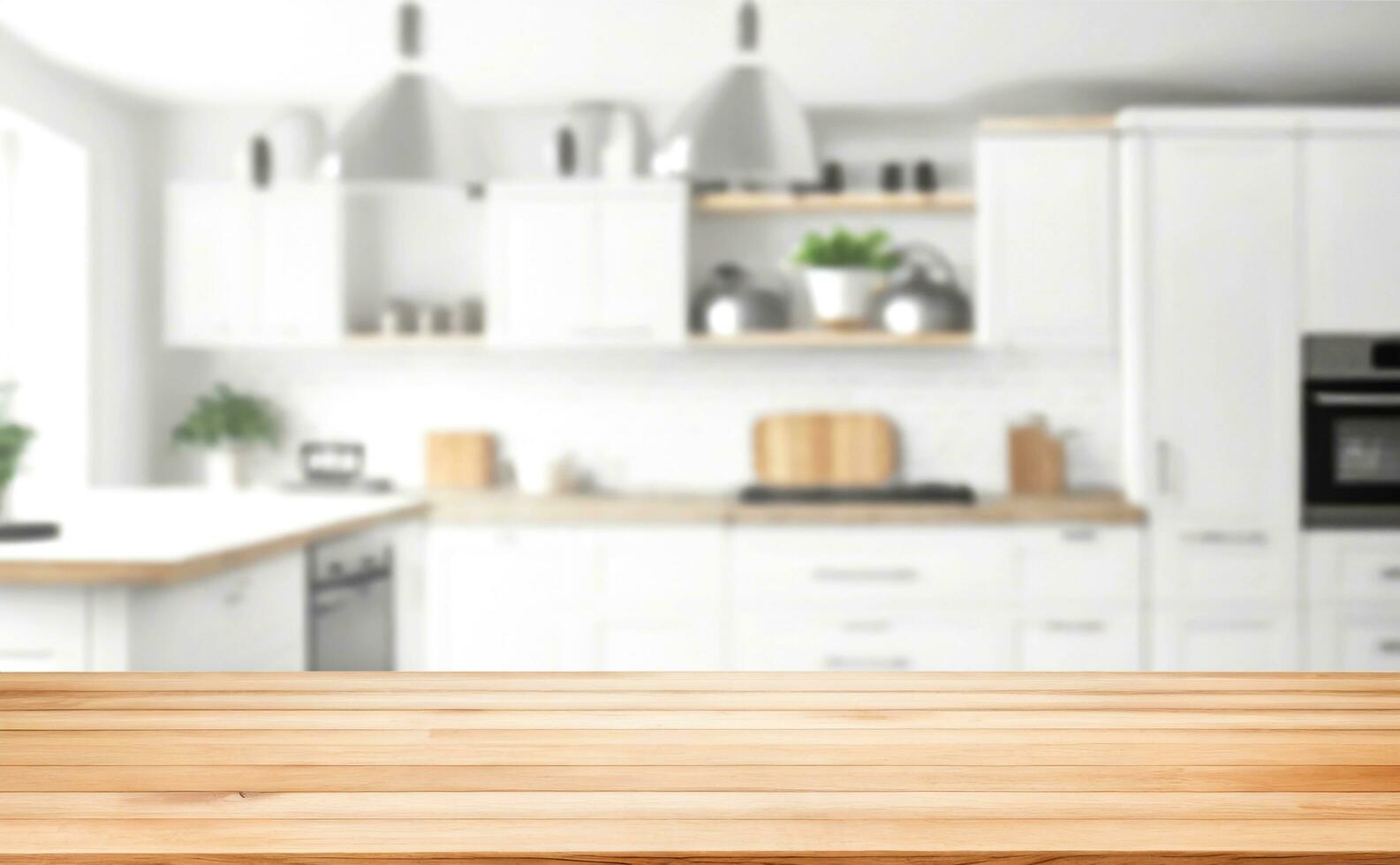 Blurred view of modern kitchen with white furniture with wooden table photo