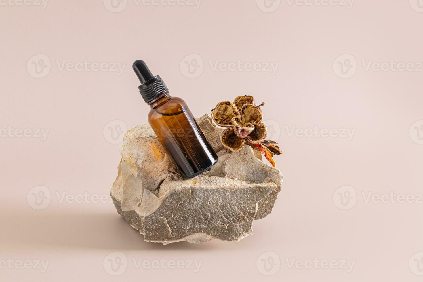 Cosmetic bottle with a dropper with a natural product for the care of aging skin of the face on a large gray textured stone with a dried flower photo