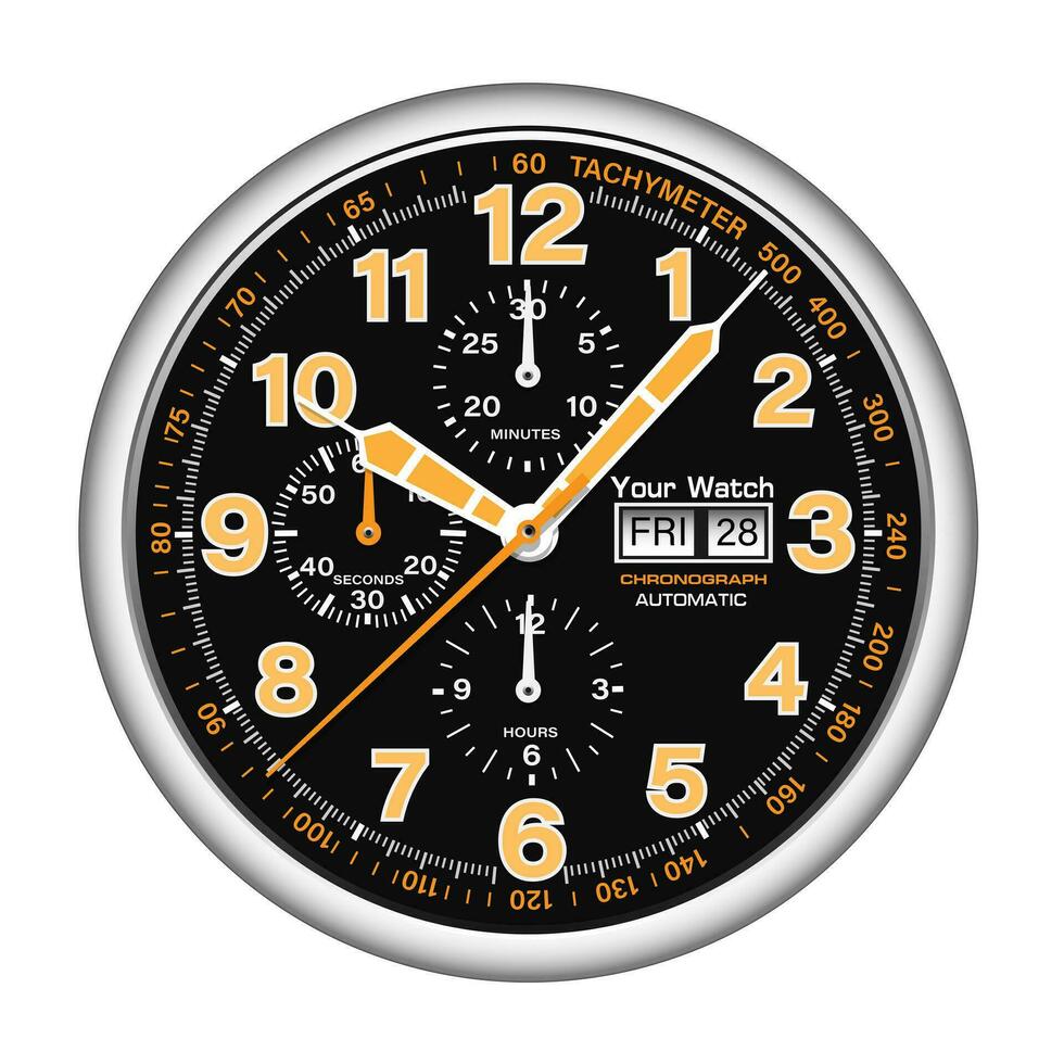 Realistic watch clock chronograph silver black face dashboard yellow white arrow number on isolated design classic luxury vector