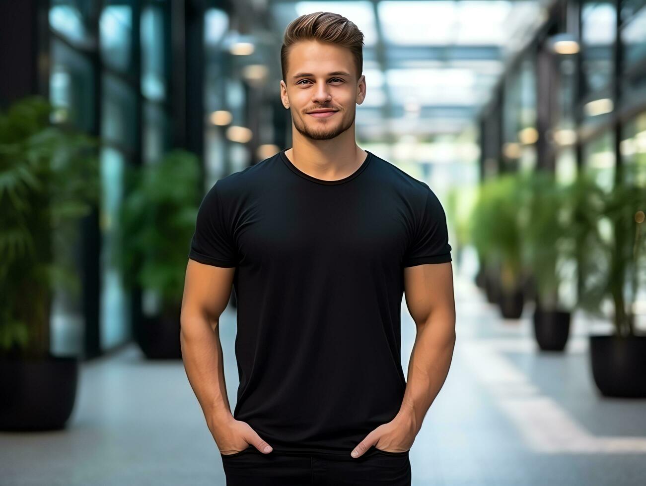 AI generated Attractive caucasian man wearing blank empty black hoodie mockup for design template photo