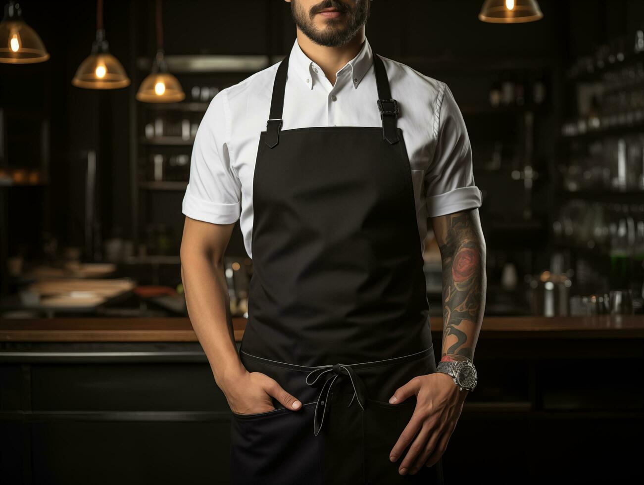 ai generado masculino cocinero vistiendo Bosquejo de blanco vacío blanco delantal en el cocina de restaurante, modelo para tienda marca identidad foto