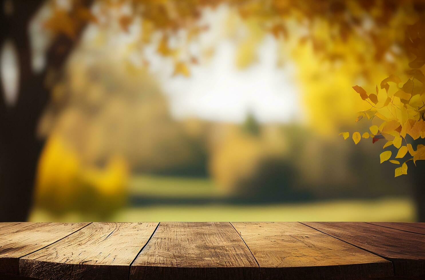 AI generated Abstract empty wooden desk tabletop with copy space over autumn trees blurred background, display for product montage, Generative Ai photo