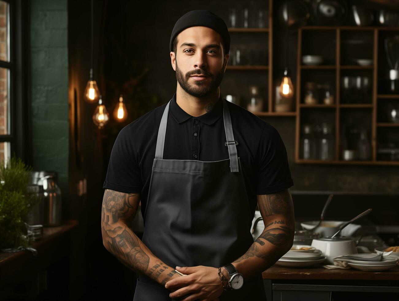 AI generated Male chef wearing mockup of blank empty white apron in the ...