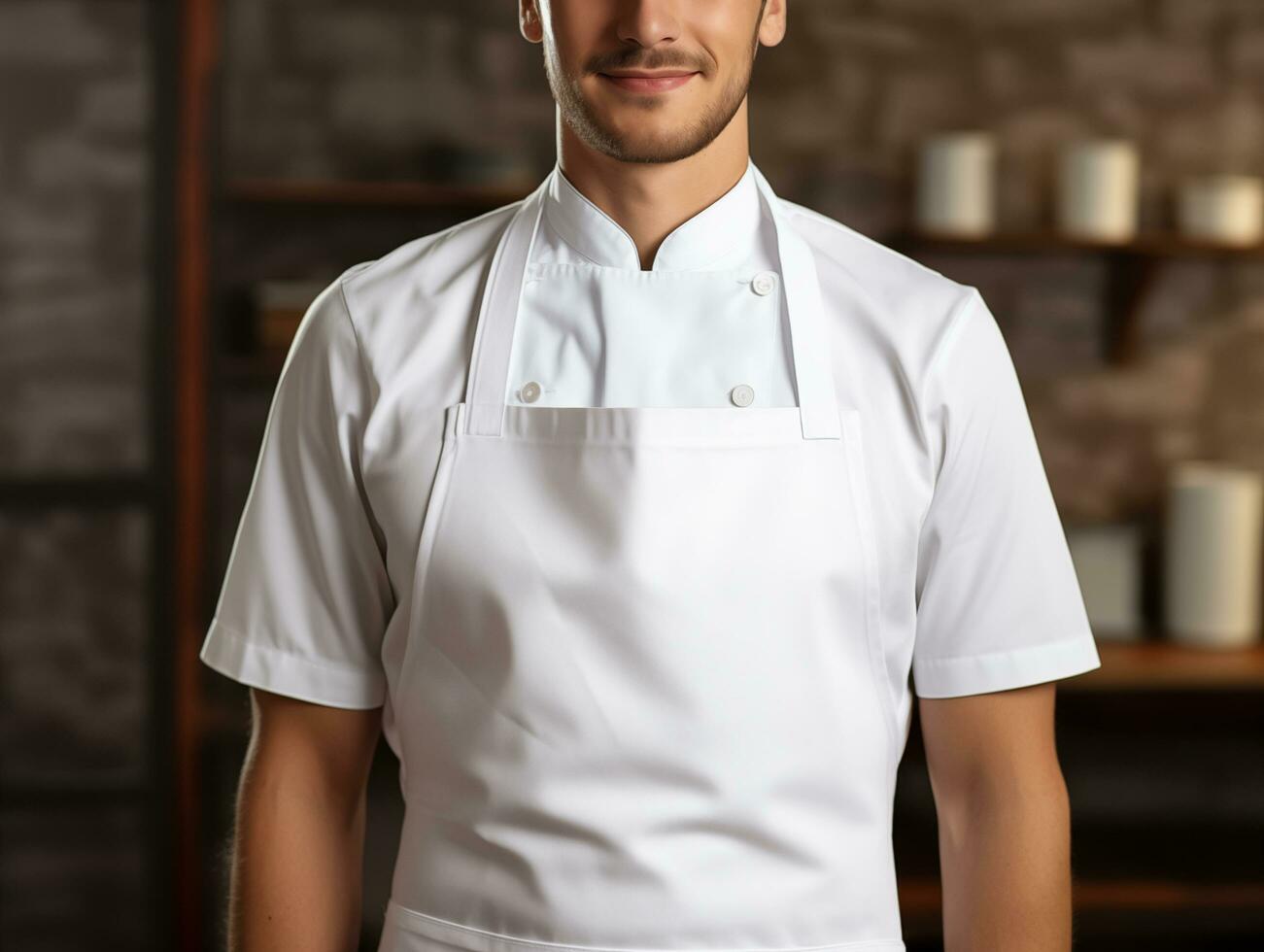 ai generado masculino cocinero vistiendo Bosquejo de blanco vacío blanco delantal en el cocina de restaurante, modelo para tienda marca identidad foto