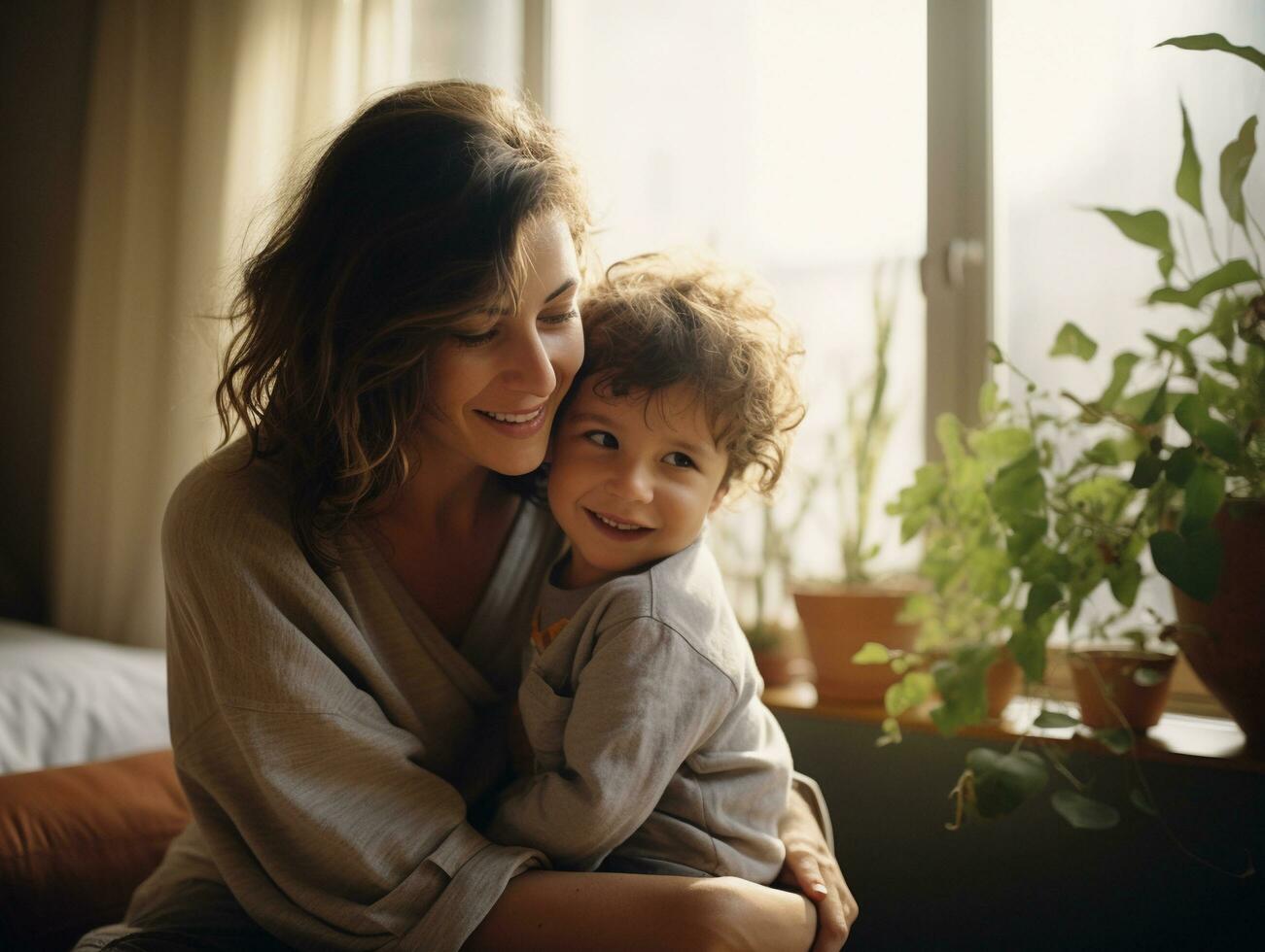 ai generado contento madre y hijo abrazando y disfrutando juntos en vivo habitación, familia hora concepto foto