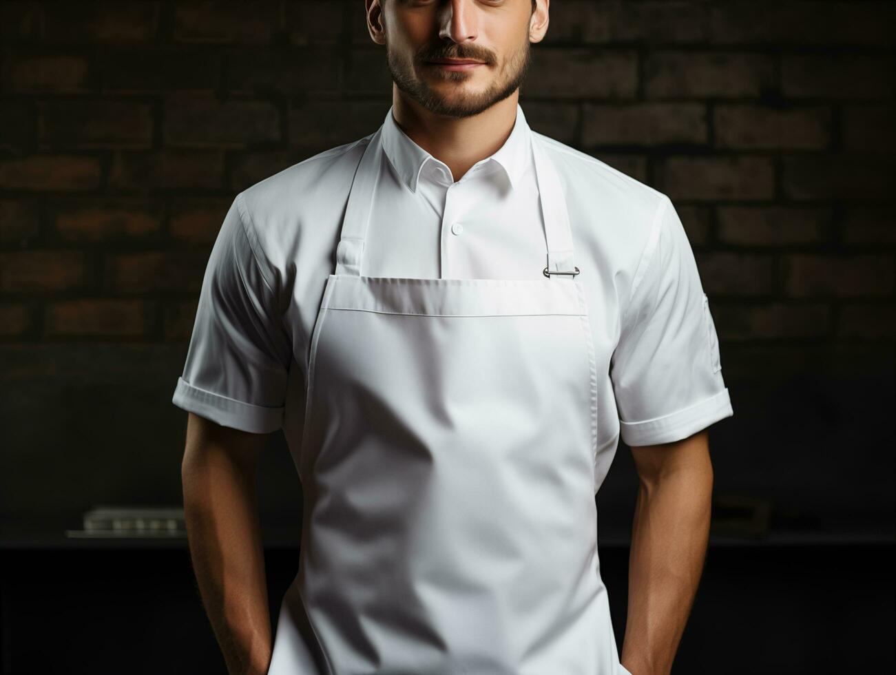 AI generated Male chef wearing mockup of blank empty white apron in the kitchen of restaurant, template for shop branding identity photo