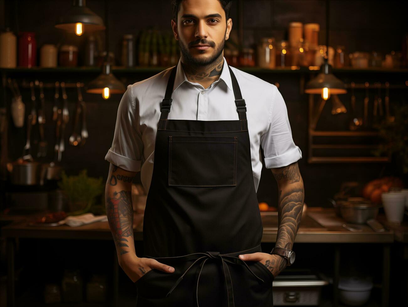AI generated Male chef wearing mockup of blank empty white apron in the kitchen of restaurant, template for shop branding identity photo