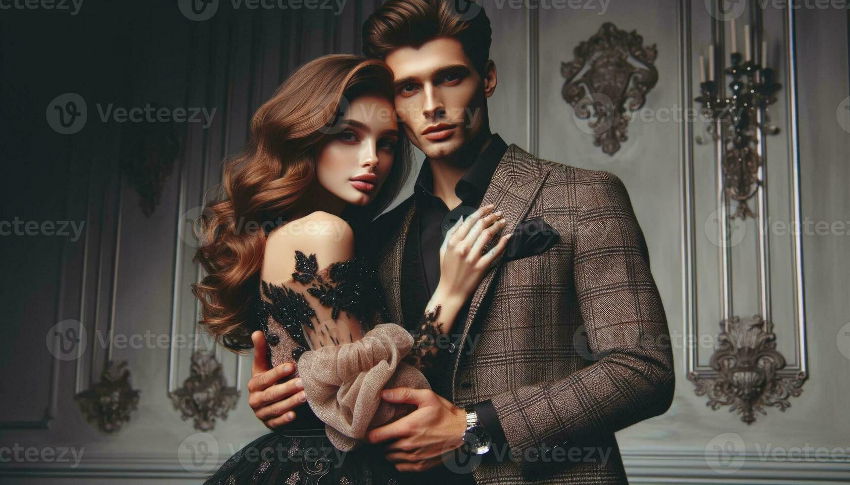 ai generado romántico elegancia. un hermosa Pareja abrazando amor y estilo foto