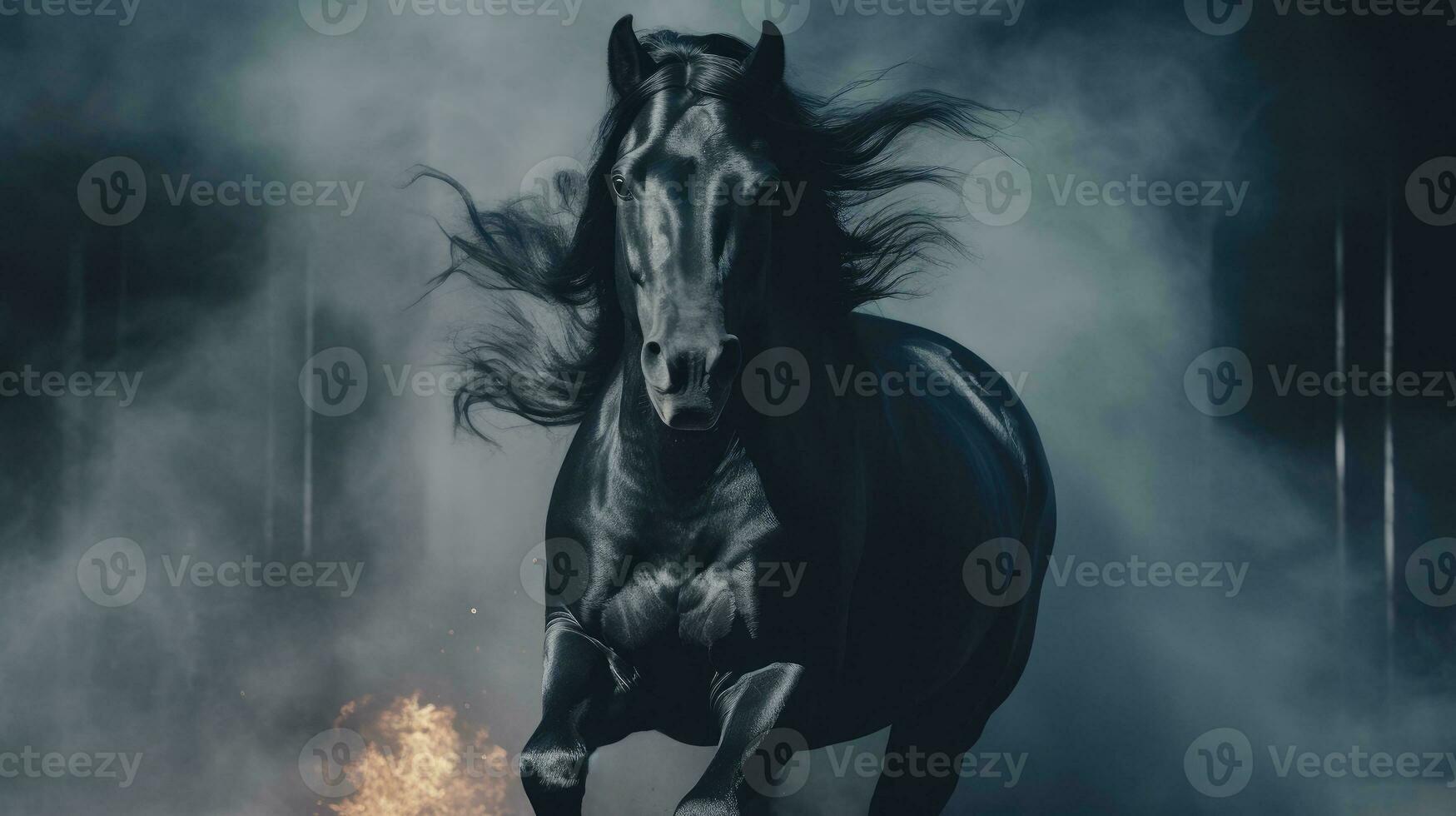 AI generated Majestic Black Horse Emerging from Ethereal Smoky Darkness photo