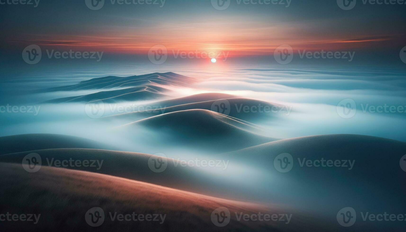 AI generated Ethereal Sunset Over Misty Sand Dunes Landscape photo