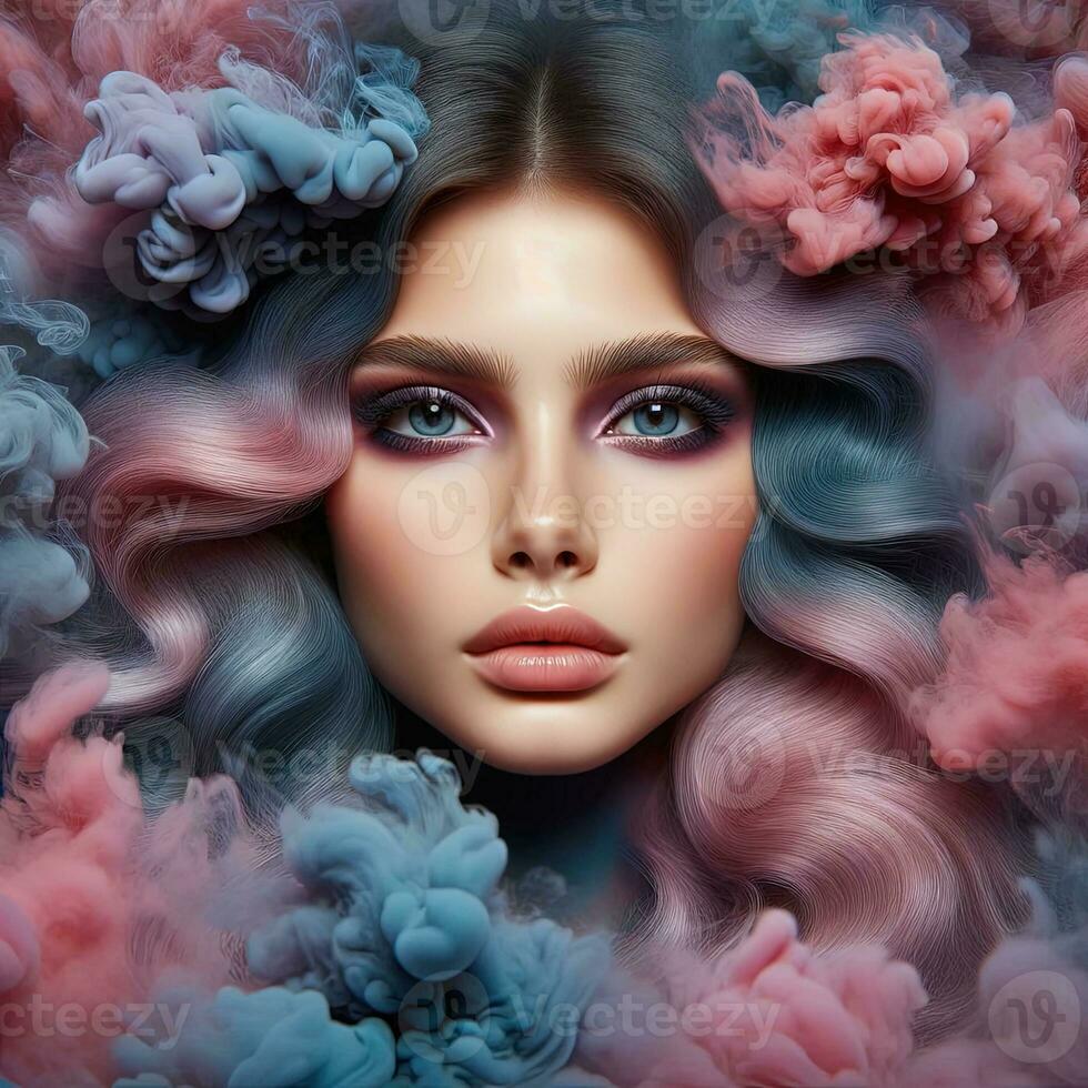 AI generated Fashion Portrait with Purple Smoke photo