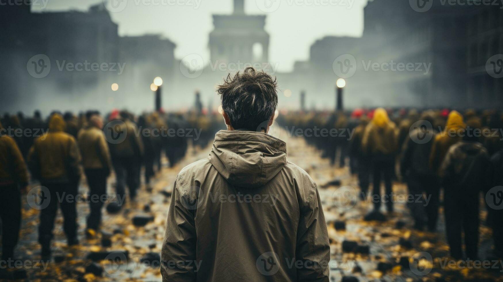 AI generated Back view of a man. The crowd gathered to protest photo