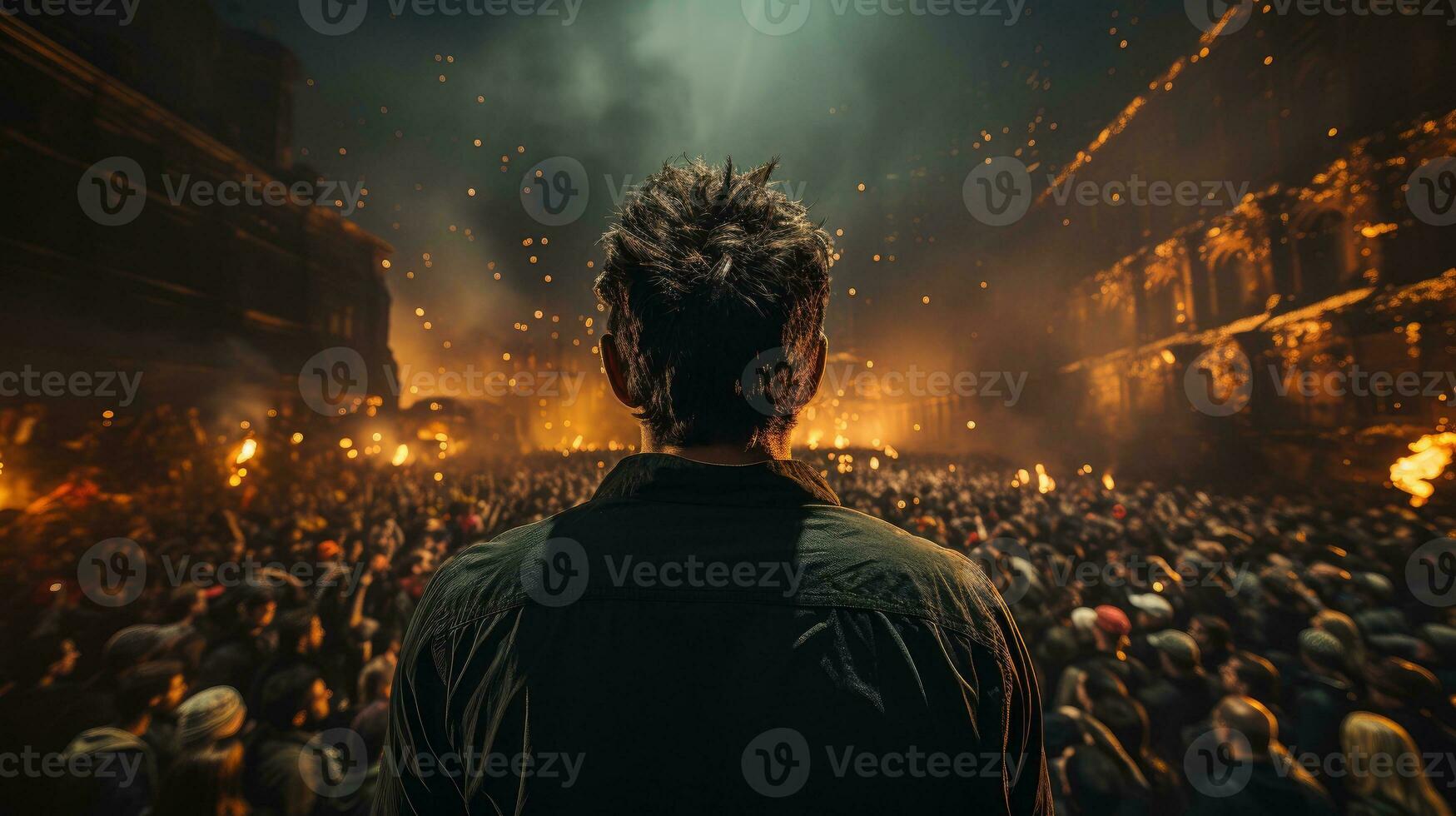 AI generated Back view of a man. The crowd gathered to protest photo