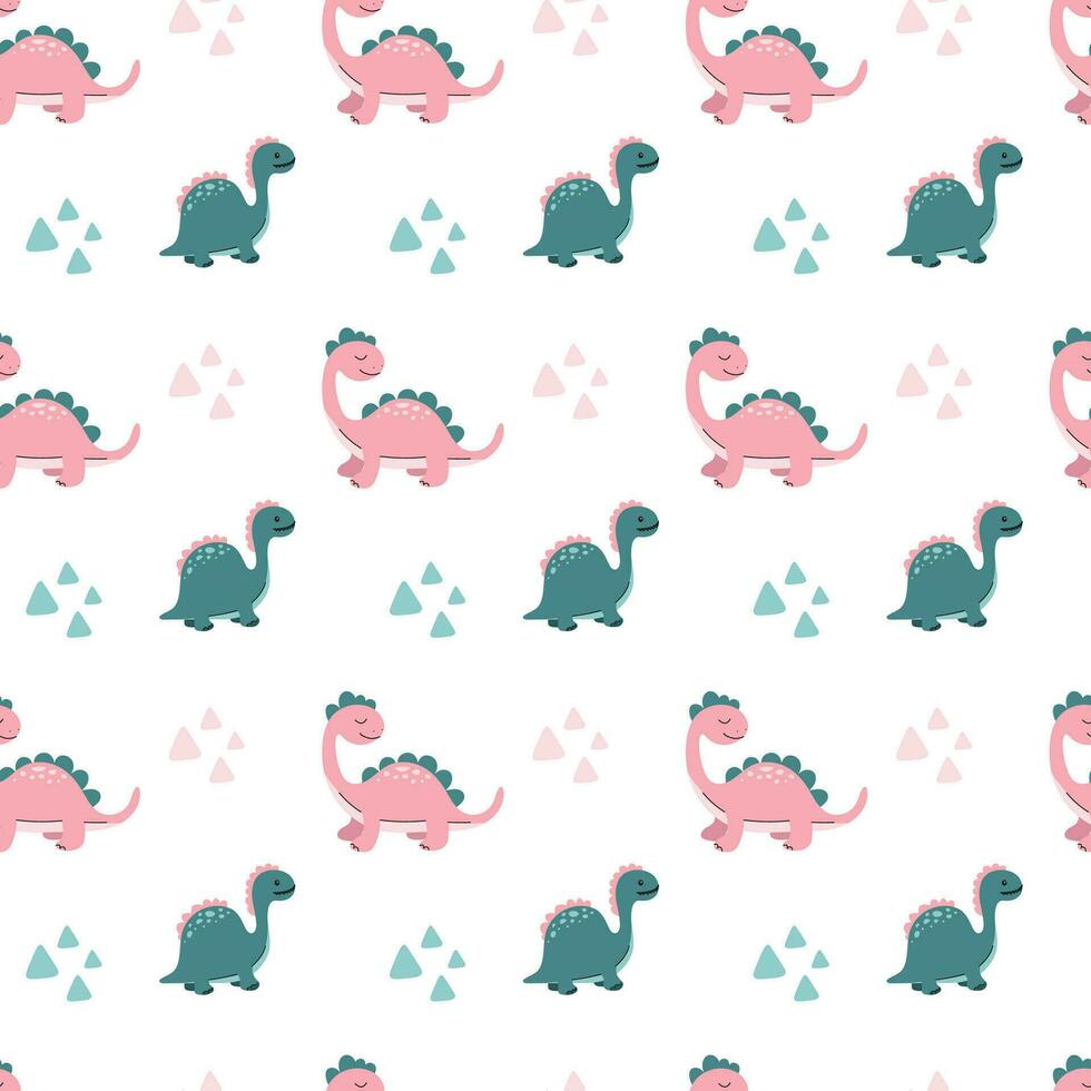Seamless pattern with cute dinosaurs and tropical plants on white background. Childrens colorful print on fabric, textile, wallpaper,postcards. Vector