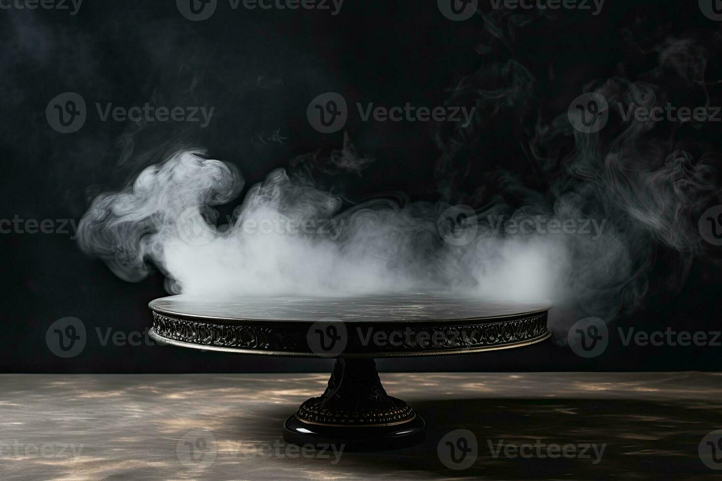 round rough stone podium on a stand for product presentation. smoke or ...