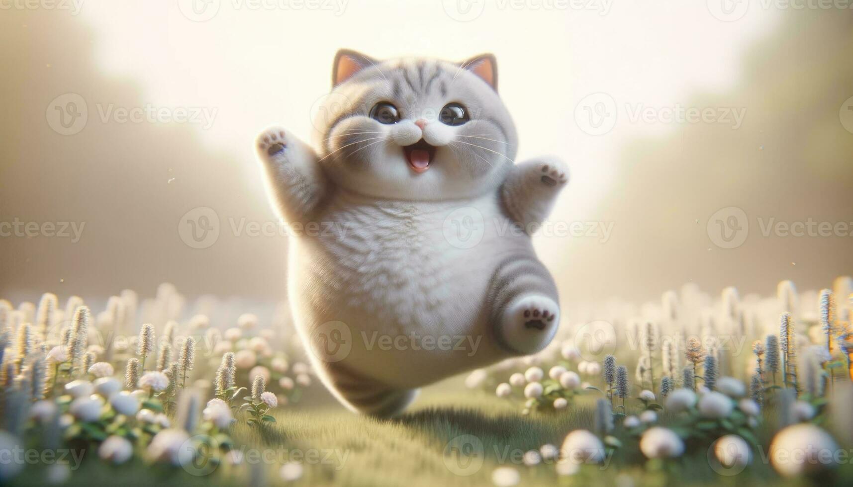 AI generated Joyful animated cat playing in vibrant meadow sunset photo