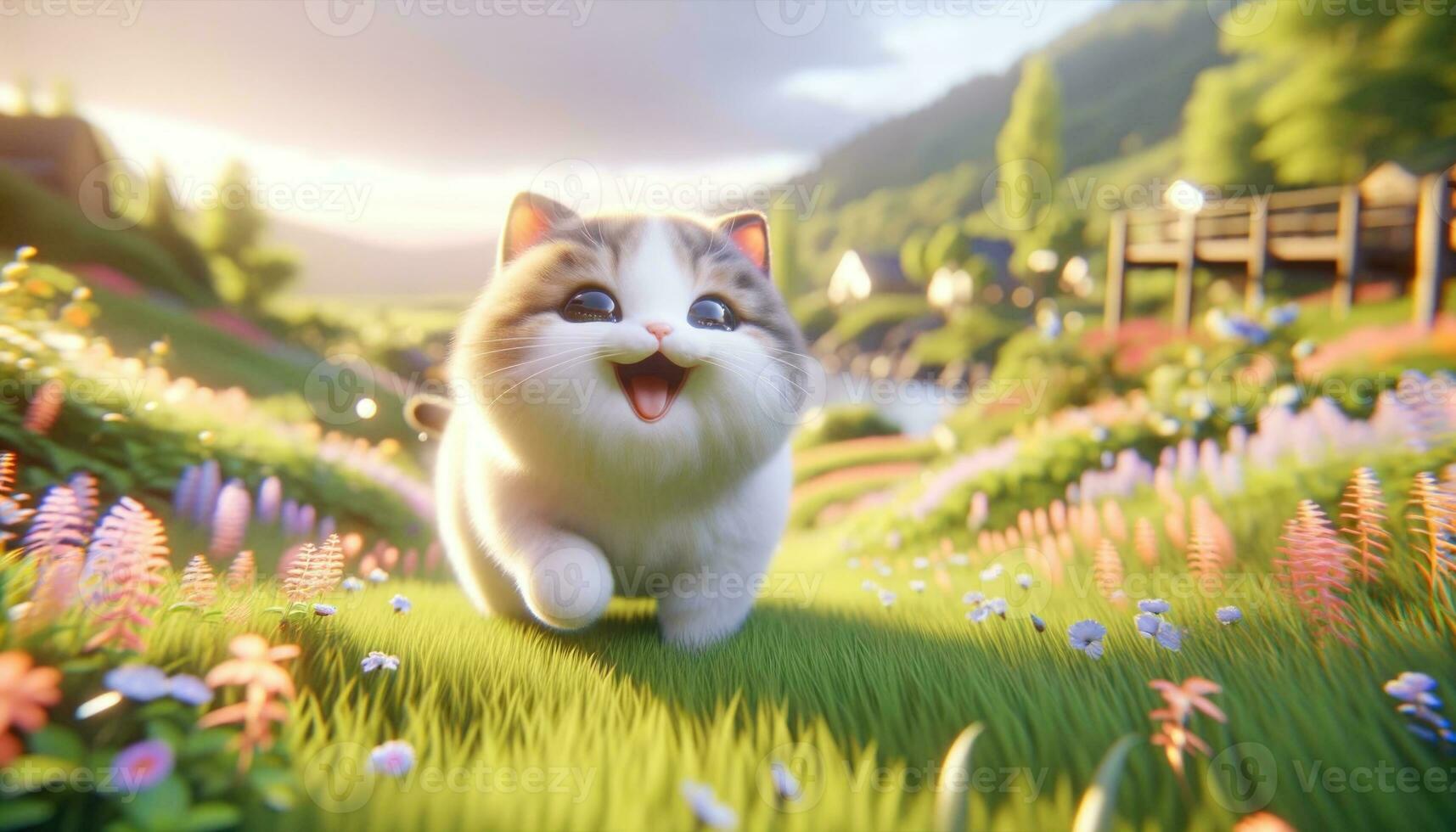 AI generated Joyful animated cat playing in vibrant meadow sunset photo