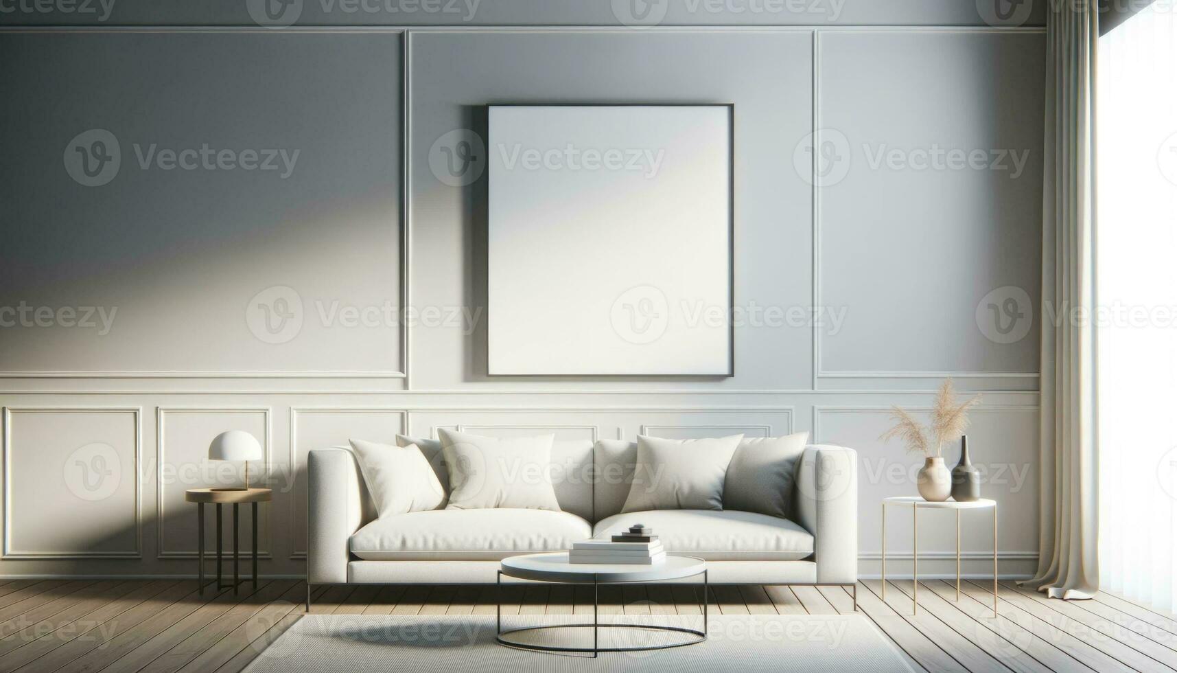 AI generated Modern Interior with Blank Frame for Mockup Display photo