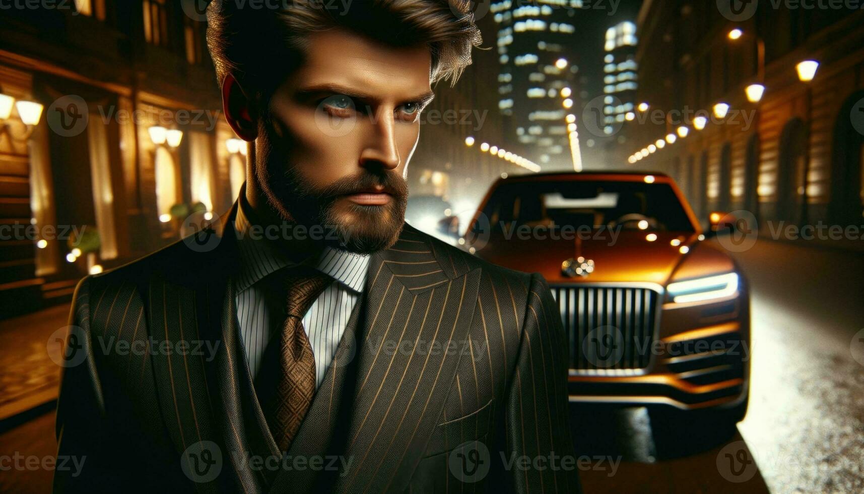 AI generated Sharp Dressed Man with Luxury Car Amidst City Lights photo
