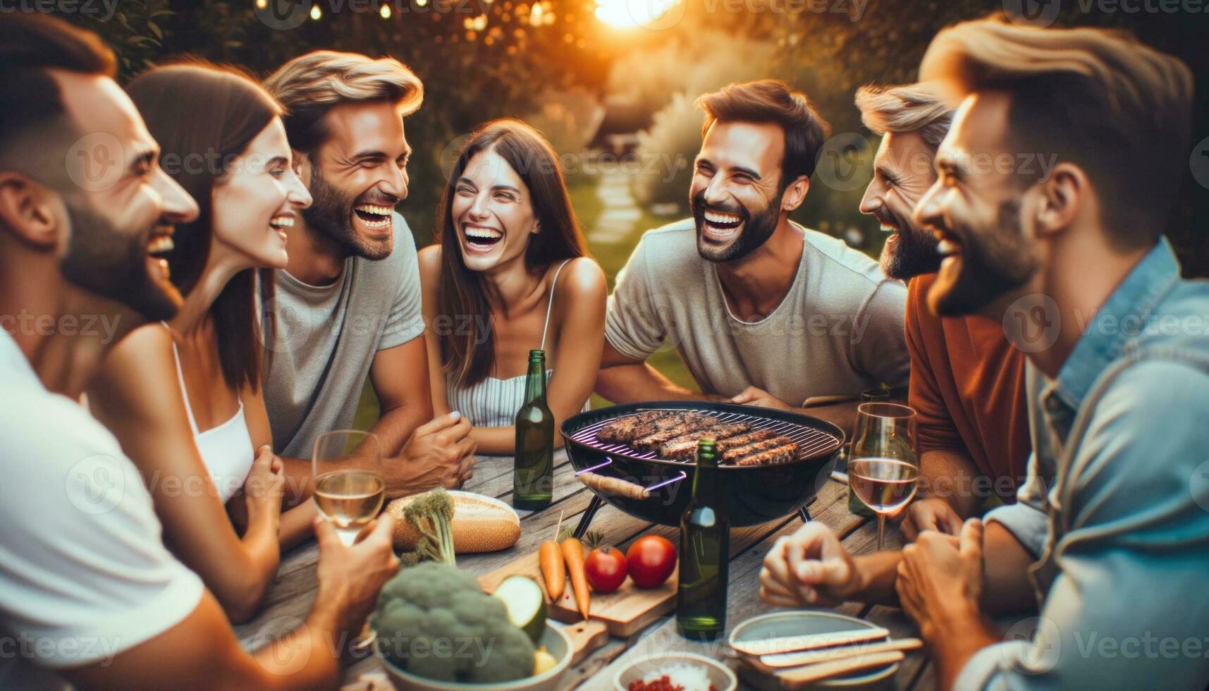 AI generated Joyful Friends Enjoying Summer Barbecue in Sunlit Garden photo