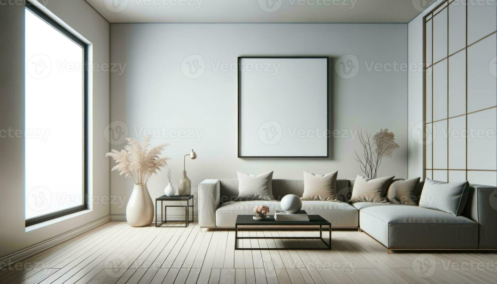 AI generated Modern Interior with Blank Frame for Mockup Display photo