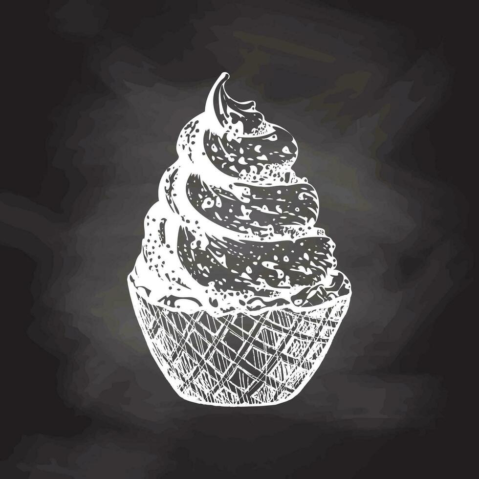 un dibujado a mano bosquejo de un gofre cesta con congelado yogur o suave hielo crema en pizarra antecedentes. Clásico ilustración. elemento para el diseño de etiquetas, embalaje y postales vector