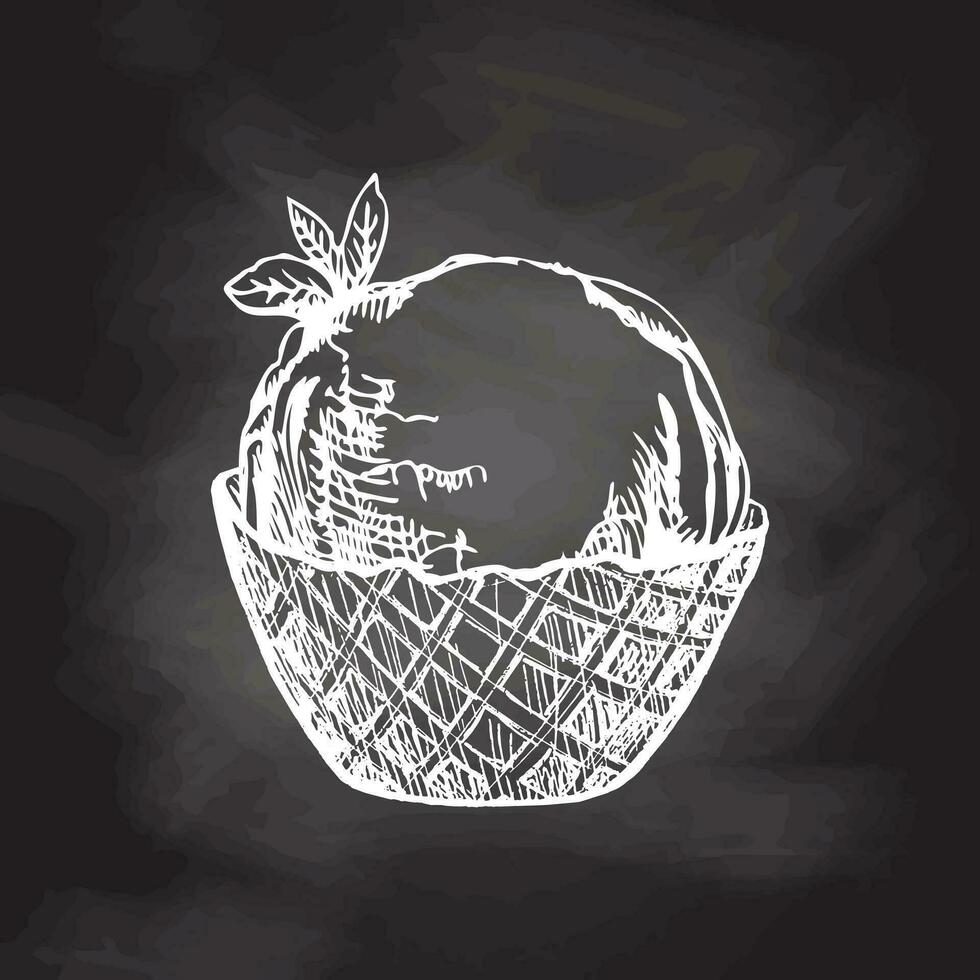 A hand-drawn sketch of a waffle basket with frozen yogurt or ice cream with mint leaves on chalkboard background. Vintage illustration. Element for the design of labels, packaging and postcards. vector