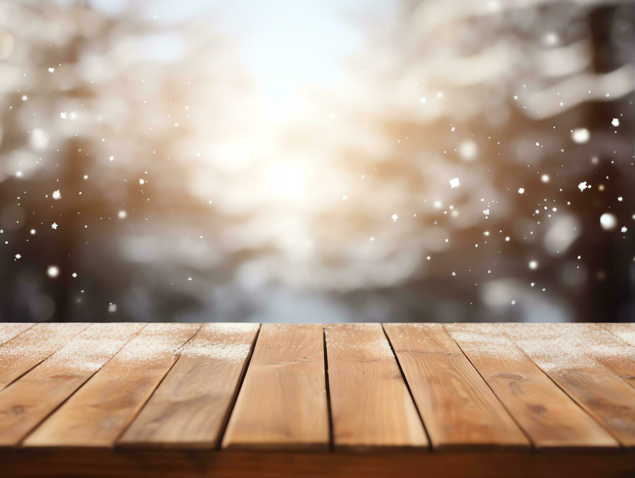 Abstract empty wooden table top with copy space over christmas winter bokeh blurred light background, AI Generated photo