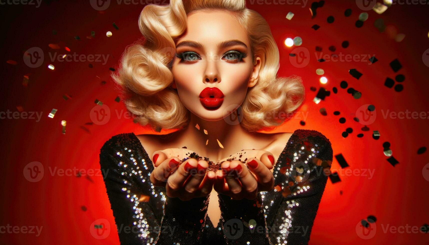 AI generated Elegant Glamorous Woman Blowing Confetti in Sparkling Dress photo