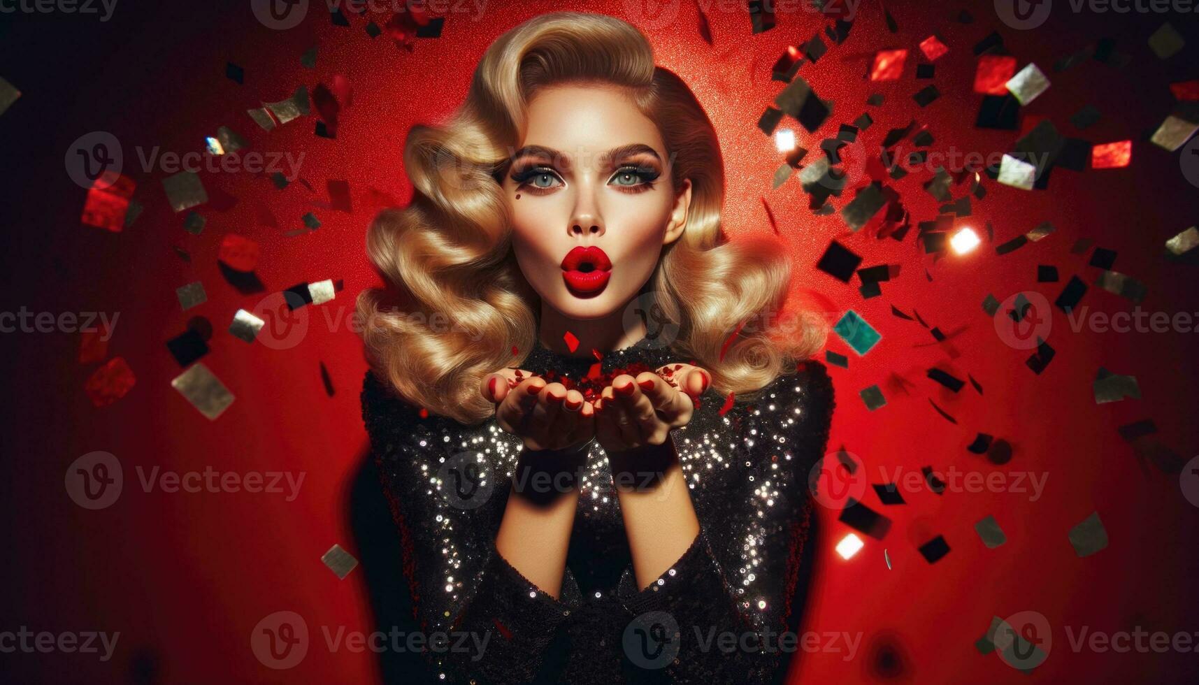 AI generated Elegant Glamorous Woman Blowing Confetti in Sparkling Dress photo