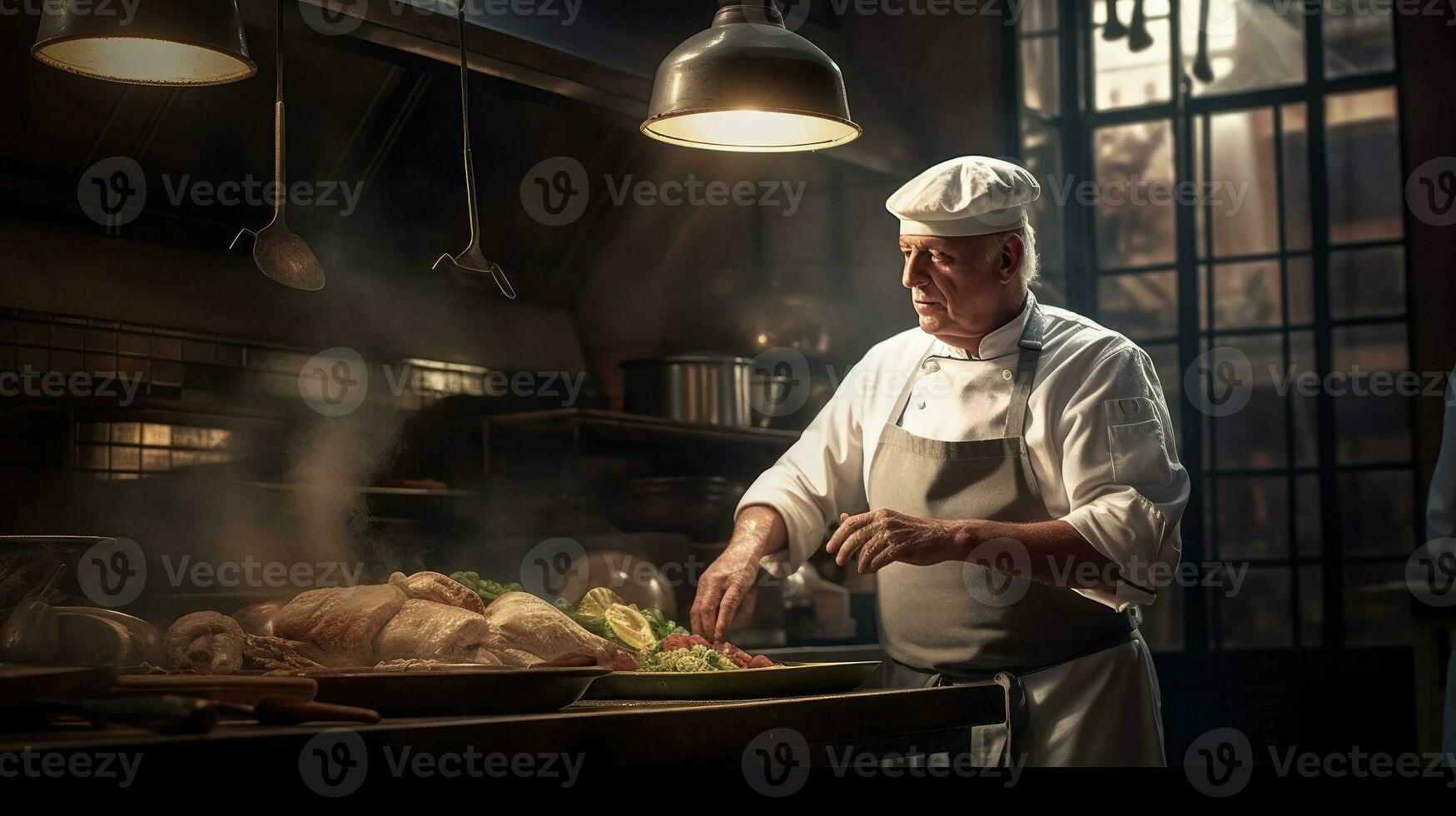 AI generated Dedicated Chef Mastering the Flames in Intense Kitchen Scene photo