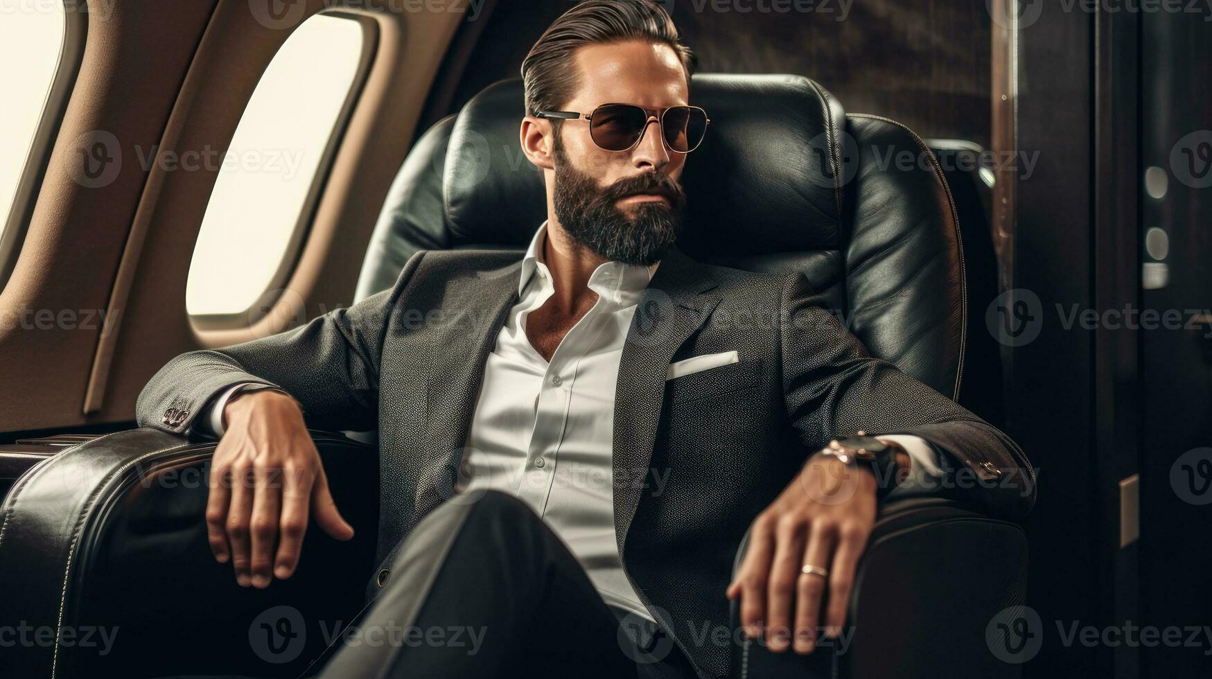 AI generated Confident Executive in Luxury Jet Relishing Tranquil Journey photo