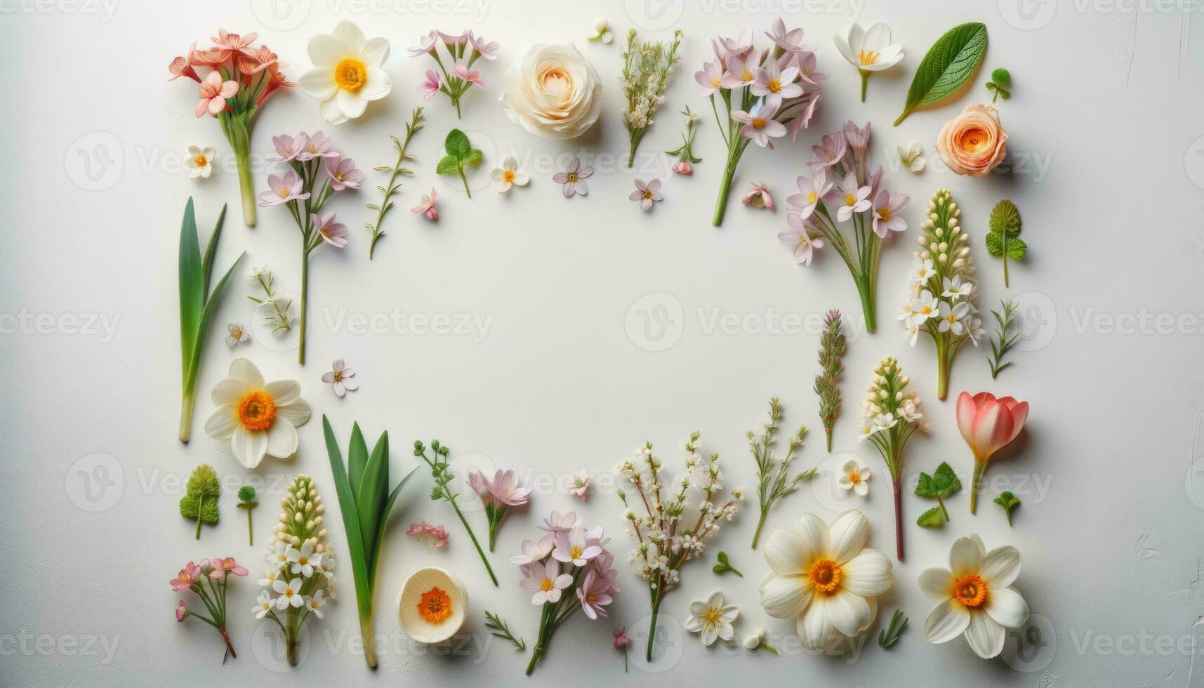 ai generado vibrante floral arreglo en blanco antecedentes flatlay foto