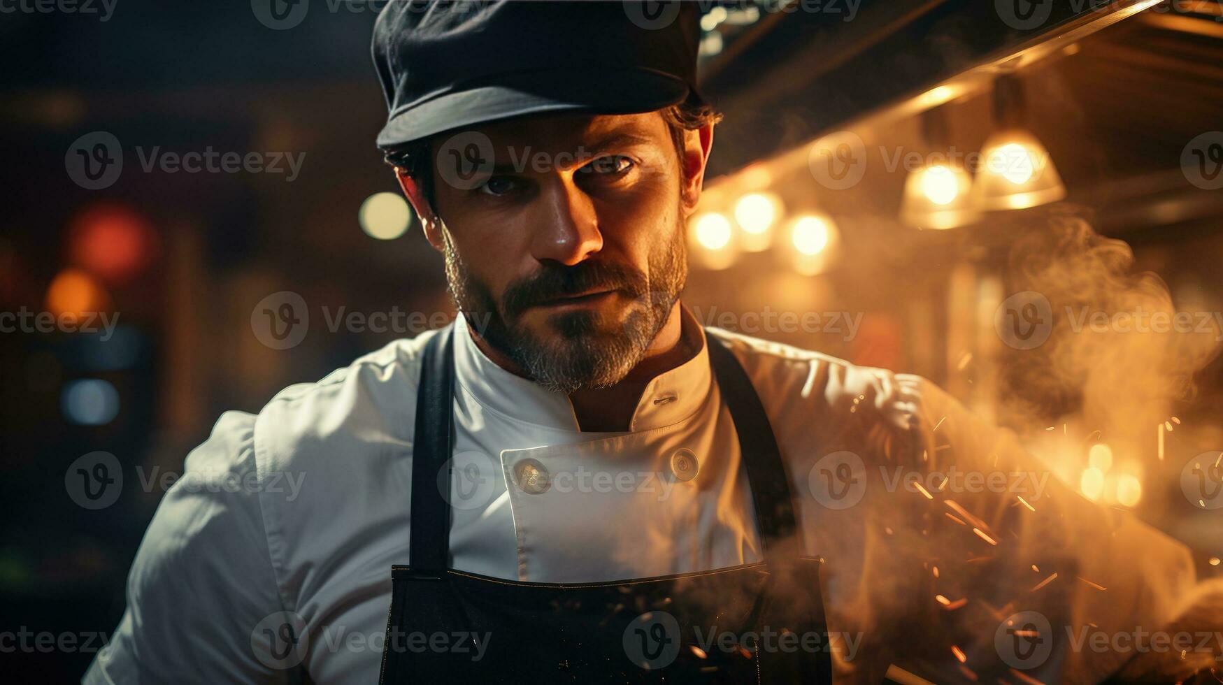 AI generated Dedicated Chef Mastering the Flames in Intense Kitchen Scene photo