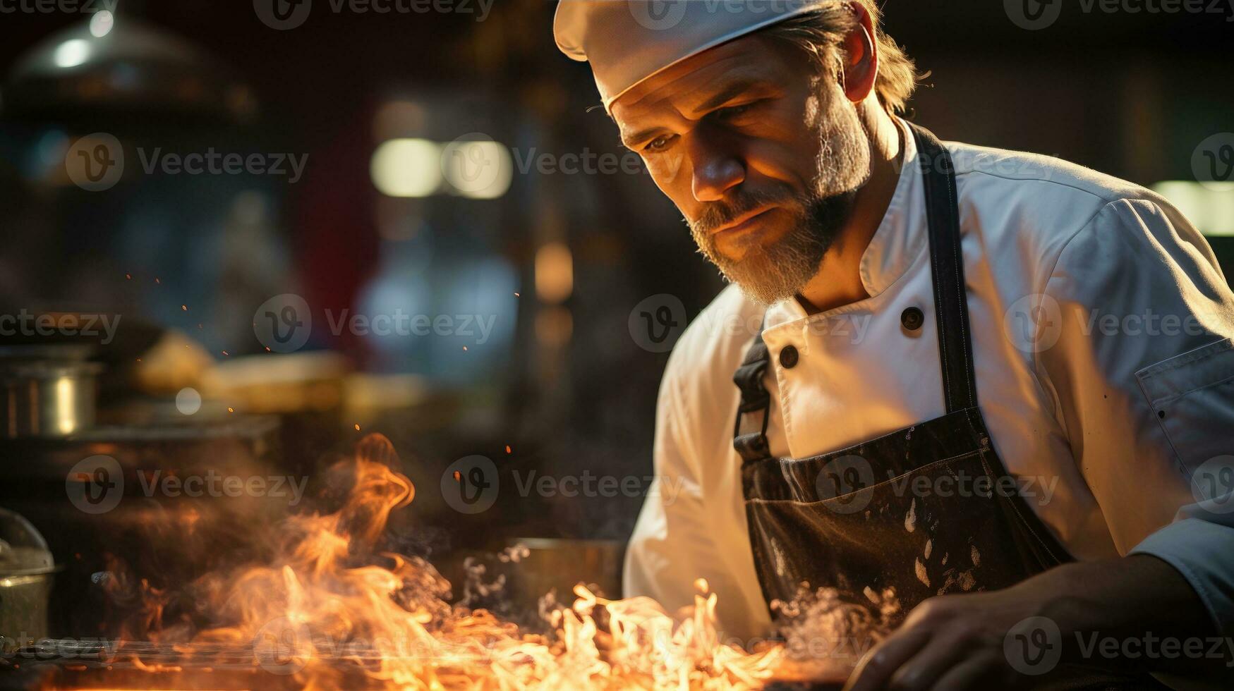 AI generated Dedicated Chef Mastering the Flames in Intense Kitchen Scene photo