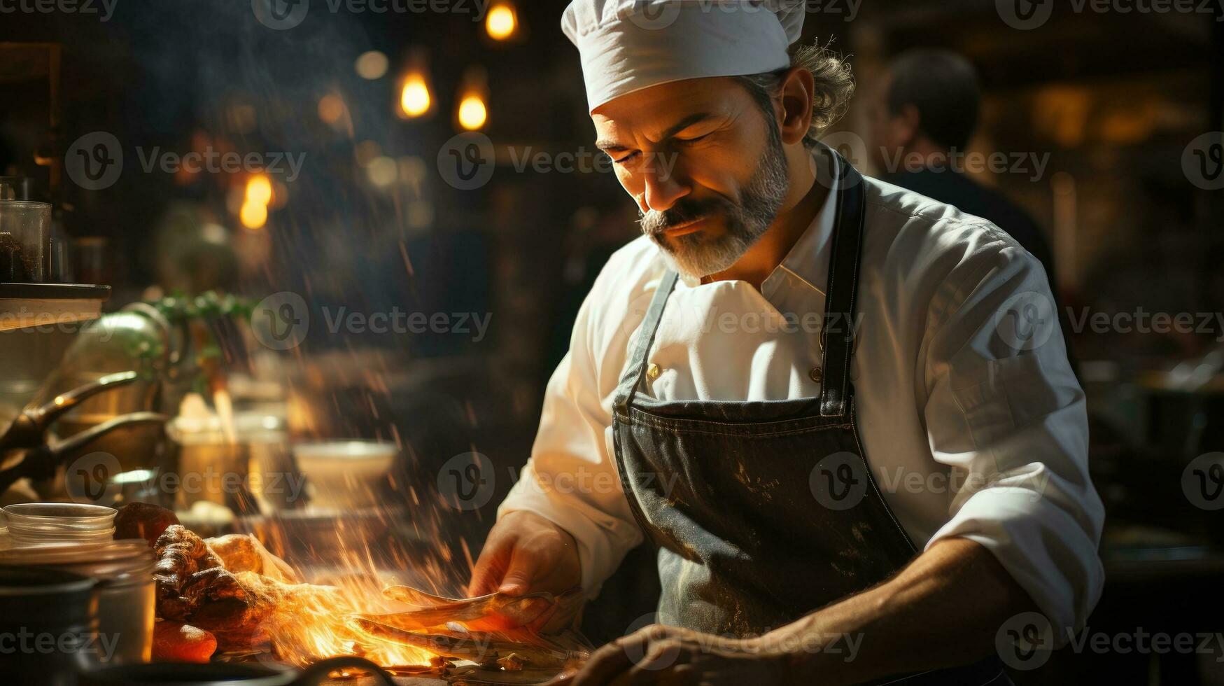 AI generated Dedicated Chef Mastering the Flames in Intense Kitchen Scene photo