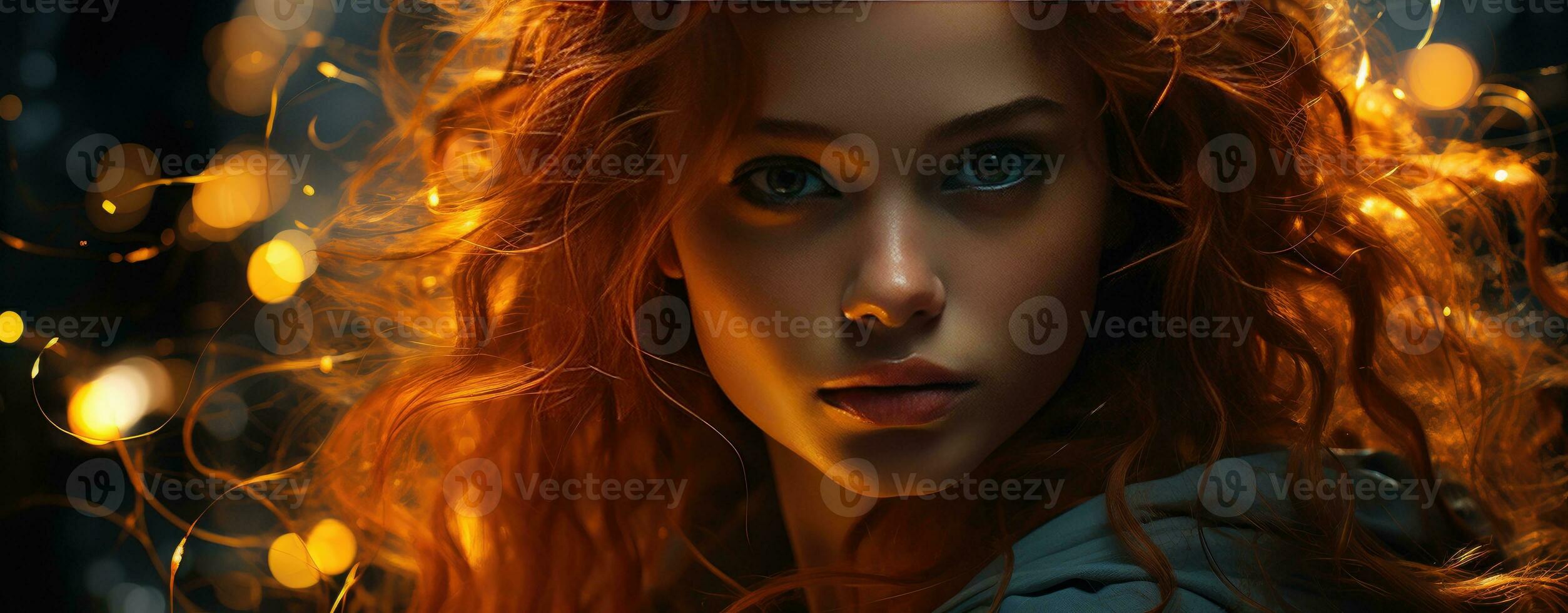 AI generated Fiery Redhead Amidst Ethereal Glow and Enchanting Sparks photo