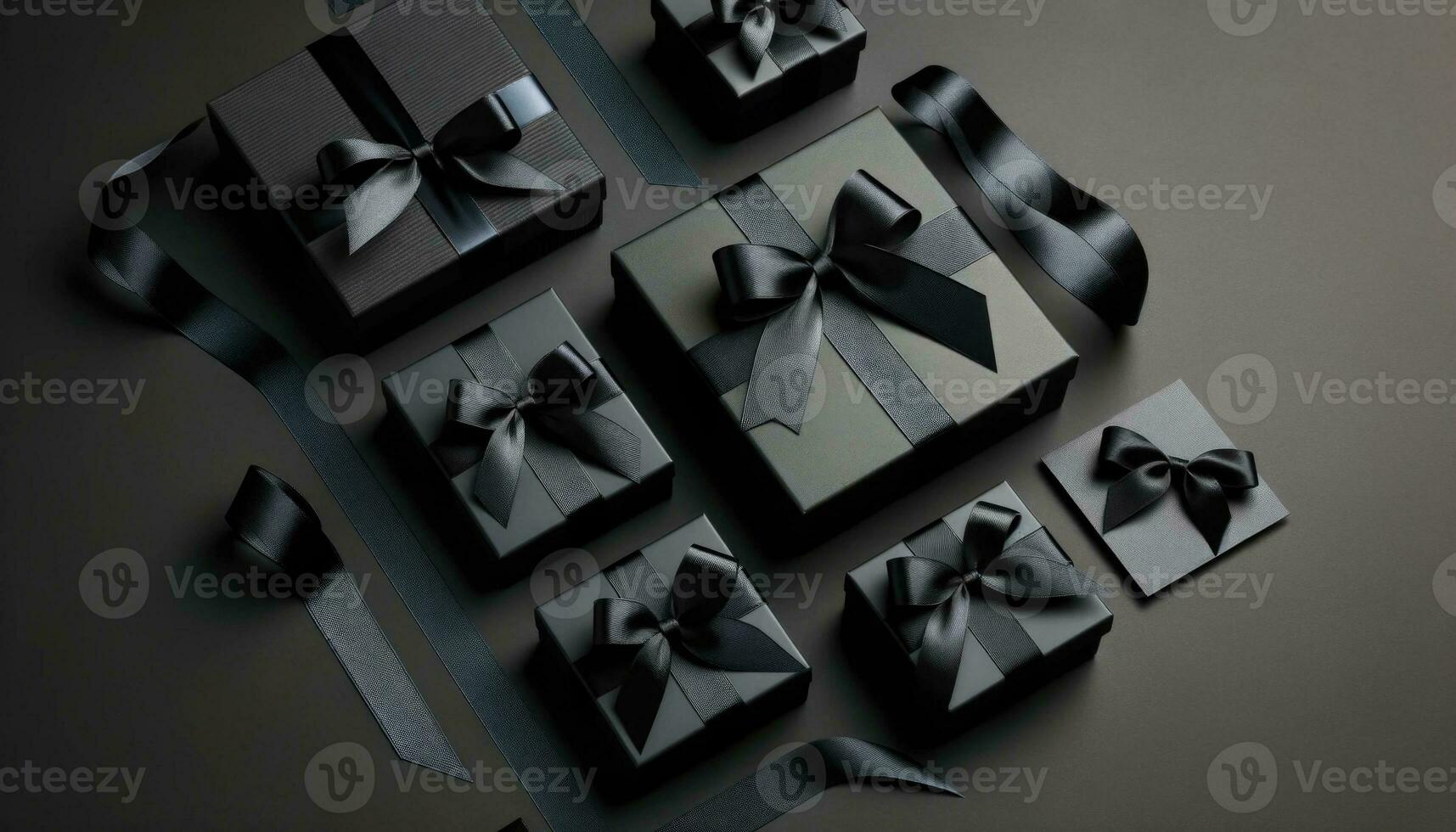 AI generated Black Gift Boxes with Ribbon, Flat Lay View photo