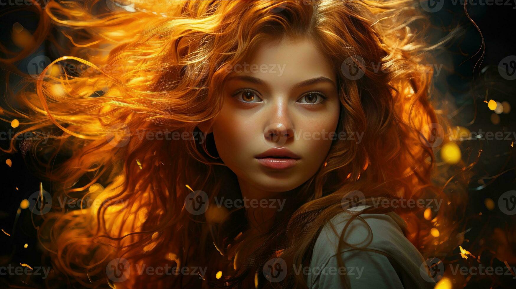 AI generated Fiery Redhead Amidst Ethereal Glow and Enchanting Sparks photo