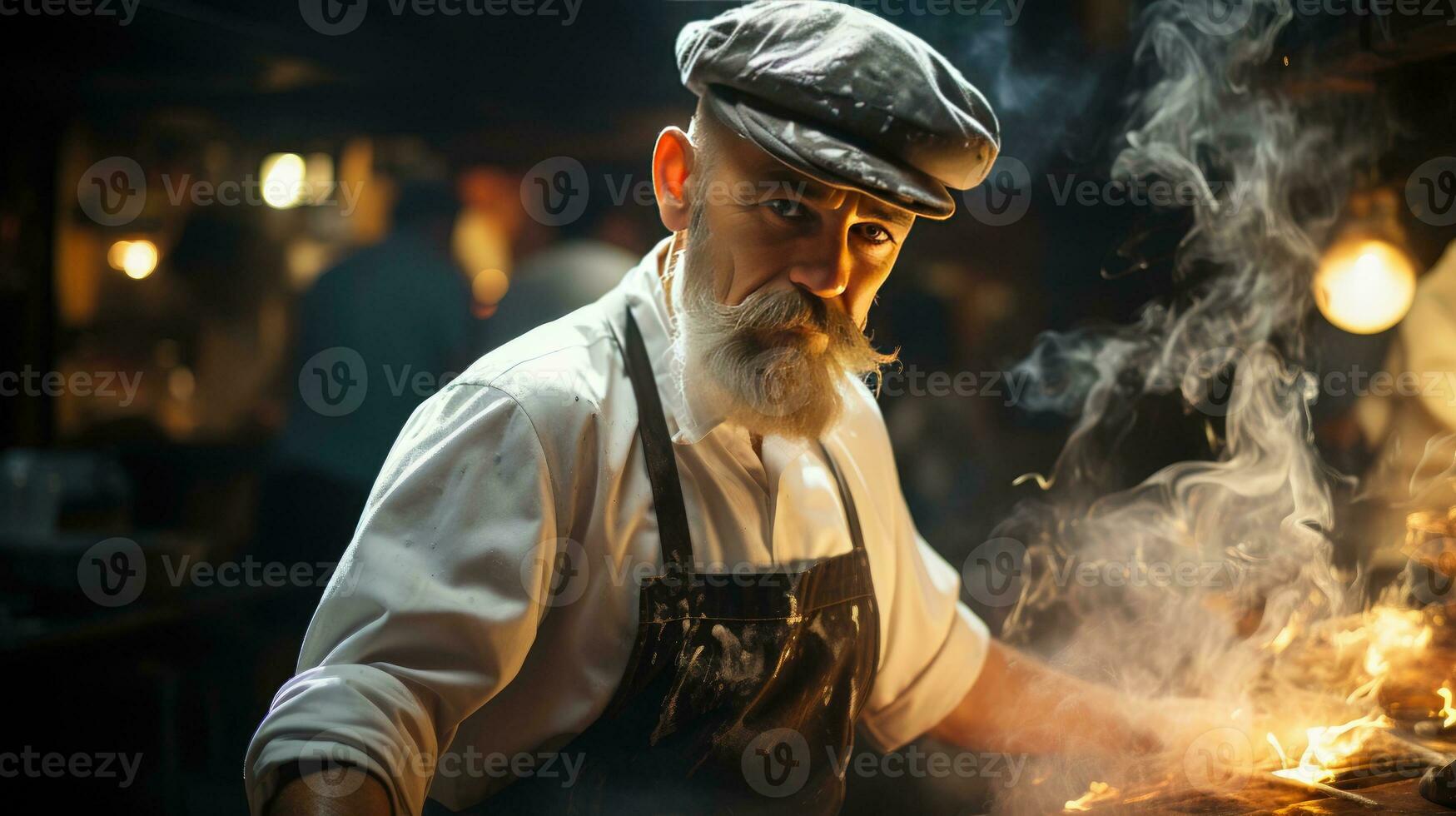 dedicado cocinero dominar el llamas en intenso cocina escena foto