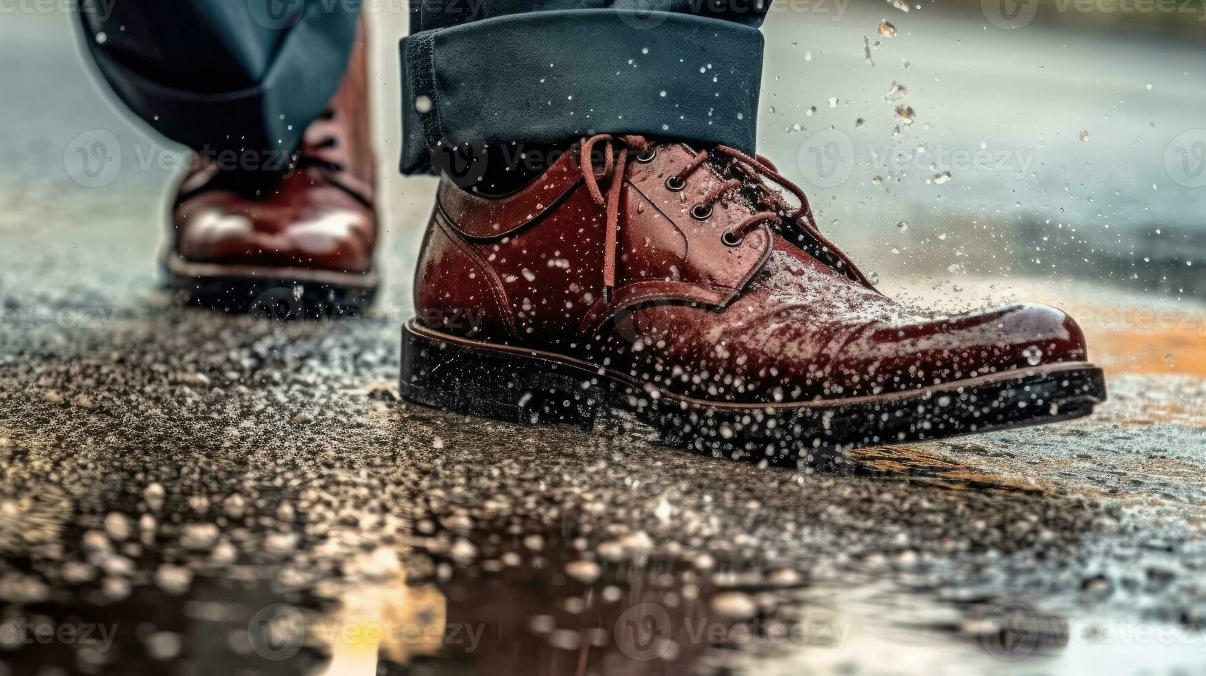 Leather Boots Splashing Through Wet Urban Rainy Street photo
