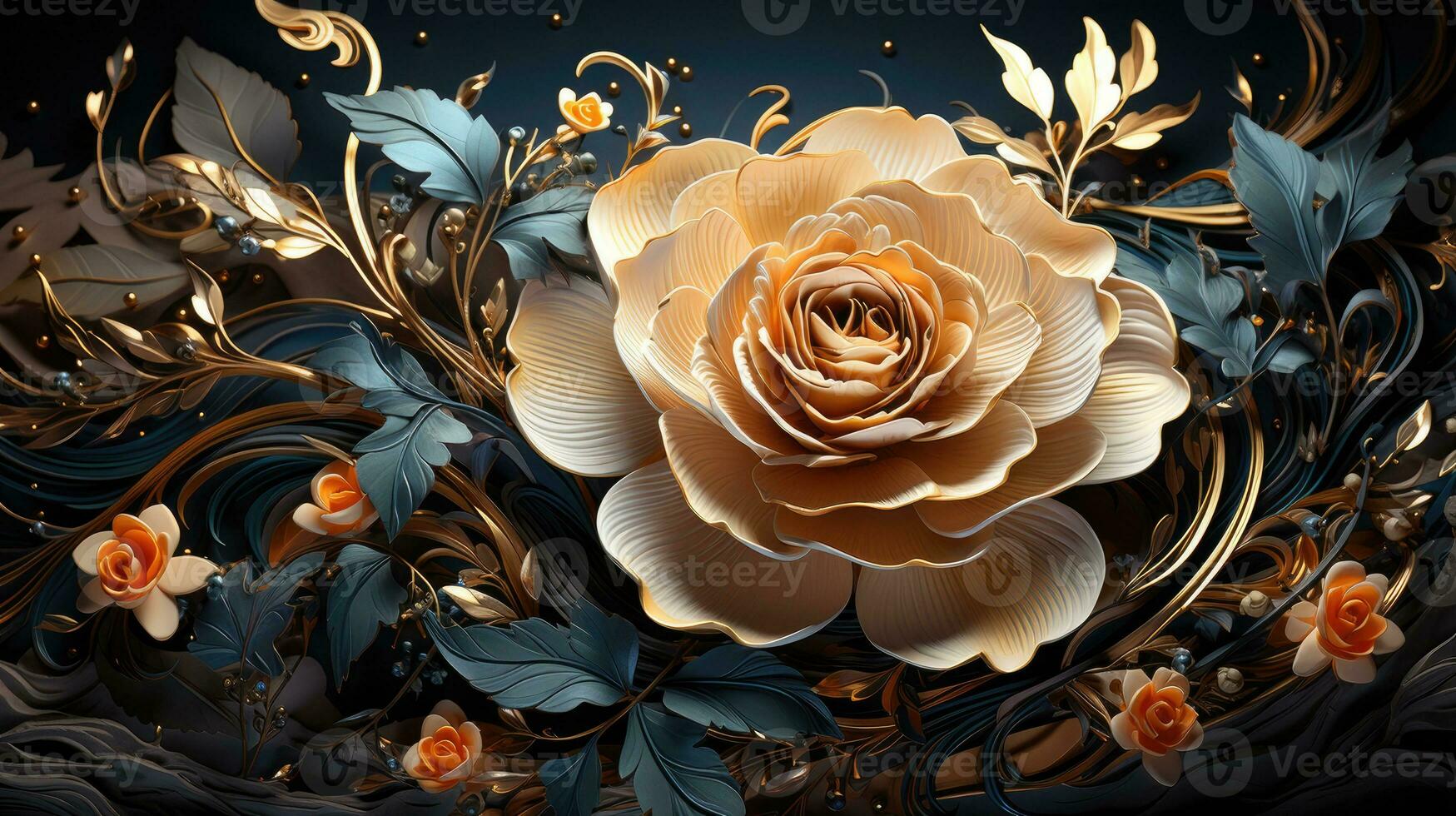 AI generated Ornate Golden Rose Sculpture, Elegance in Metallic Craftsmanship photo