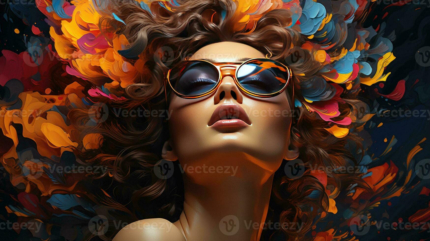 Ethereal Fusion of Fluid Colors with Intense Female Portrait photo