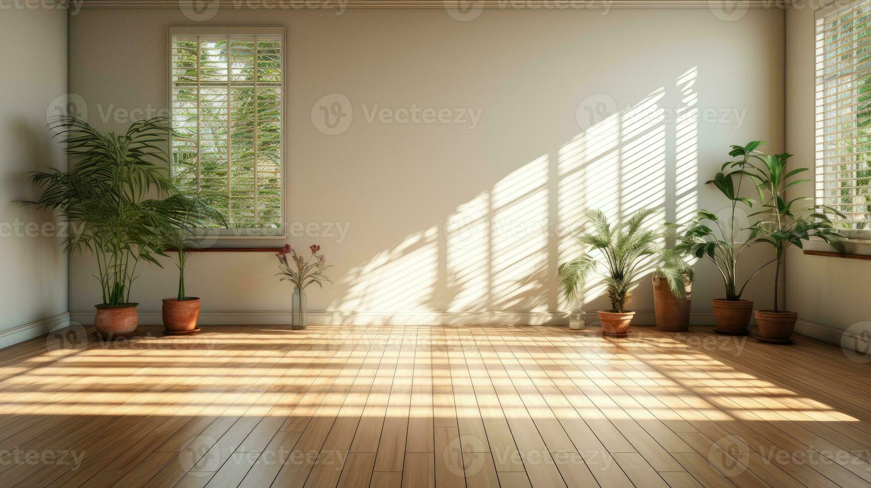 Warm Sunlight Casting Shadows on Room with Plants photo