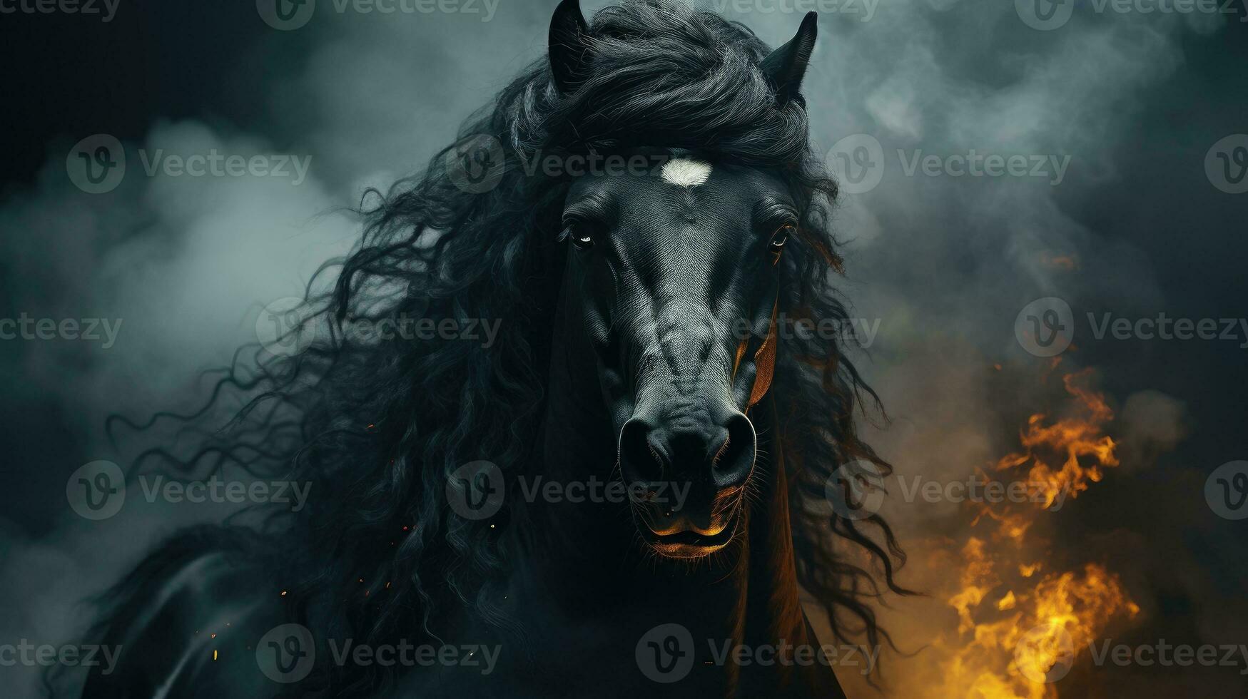 Majestic Black Horse Emerging from Ethereal Smoky Darkness photo